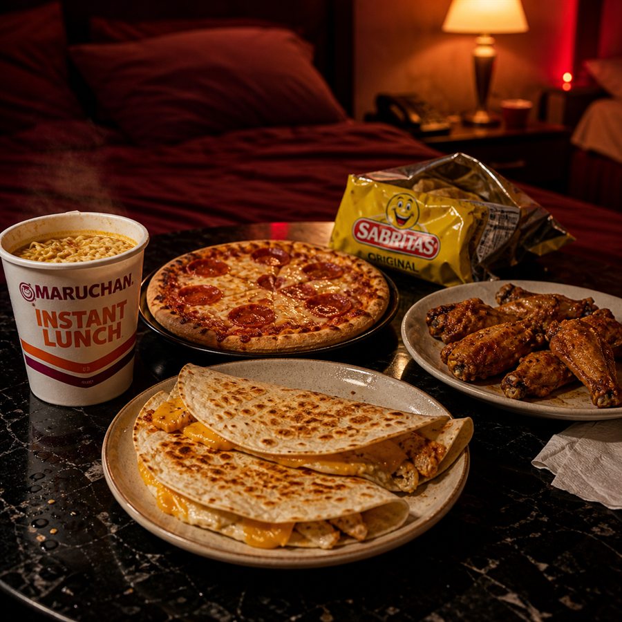 Maruchan, pizza de pepperoni, quesadillas, alitas y botana Sabritas servidas en la habitación