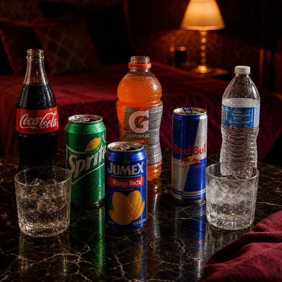 Selección de Coca-Cola, Sprite, Jumex, Gatorade, Red Bull y agua servida con hielo